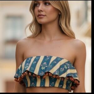 NWT WeWoreWhat Ruffle Beaded Floral Stripe Deep Storm Bandeau Size 12 Denim $89